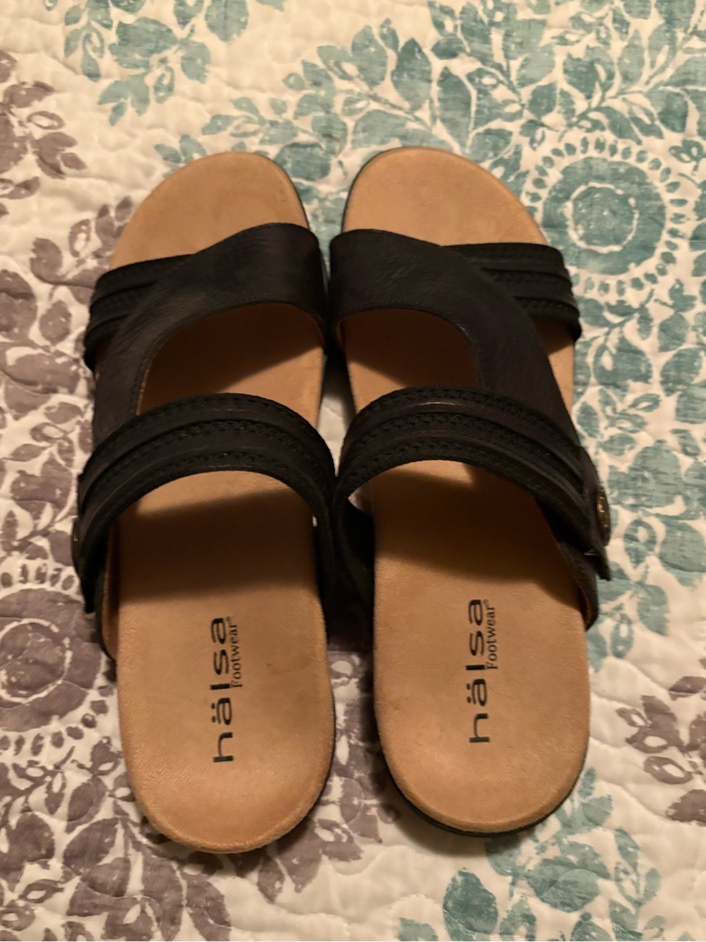 Halsa Footwear Black Dual-Strap Slide Sandals with Tan Footbed